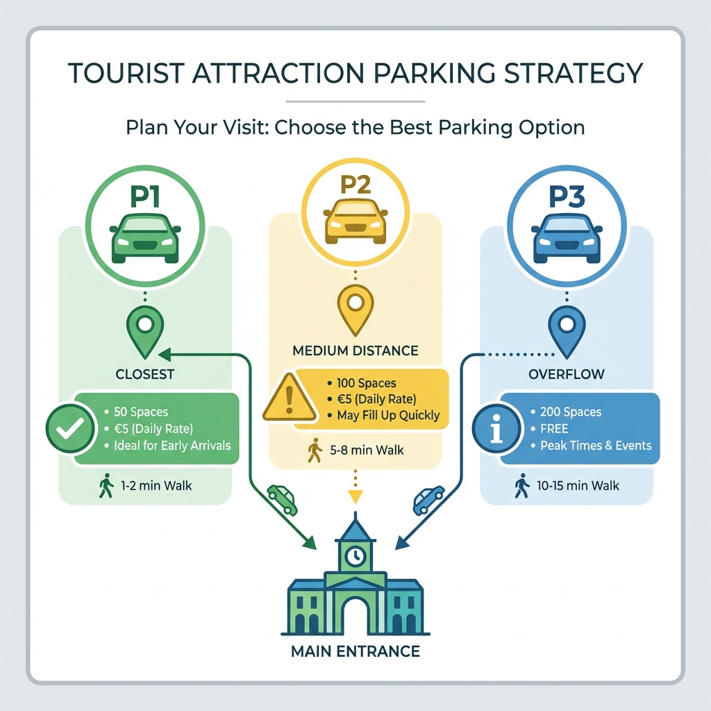 Parking strategy infographic showing P1, P2, and overflow lots