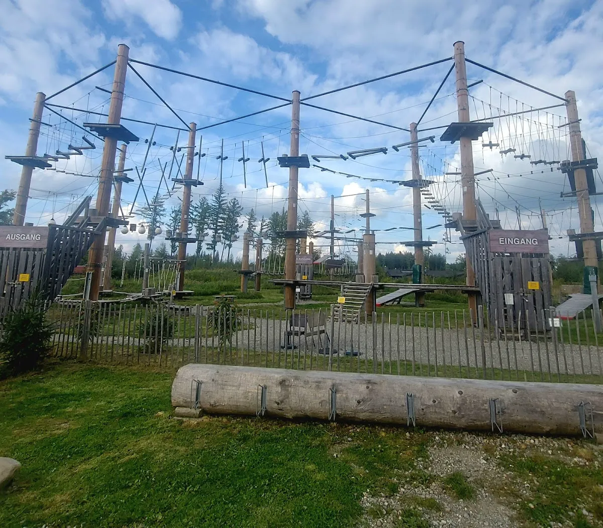 Portaledge suspended in tree canopy at Waldseilgarten Höllschlucht for overnight stay