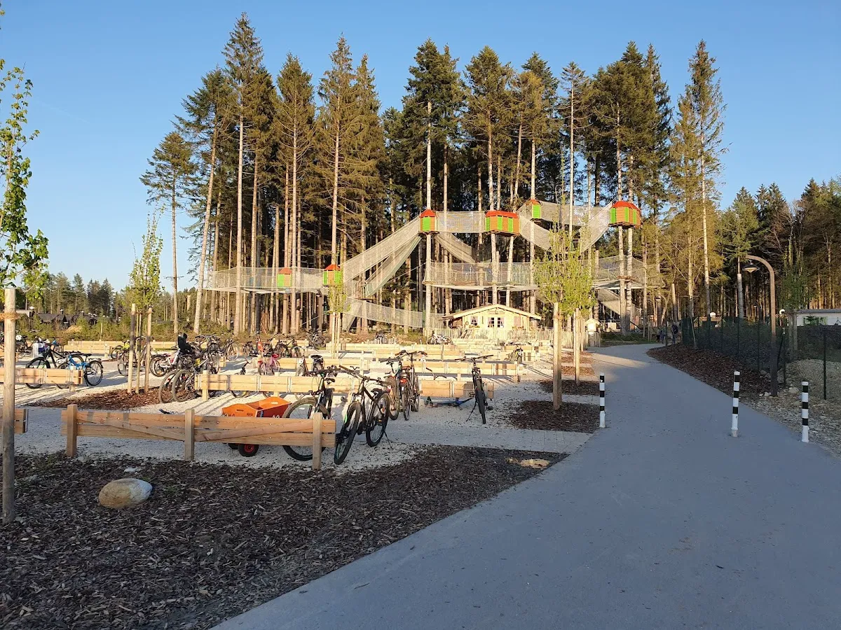 Zip line crossing wild stream at Höllschlucht gorge with rushing water below