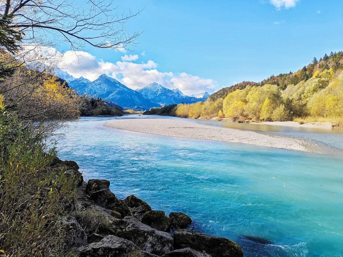 The Germany-Austria border marked with flags on the walkway