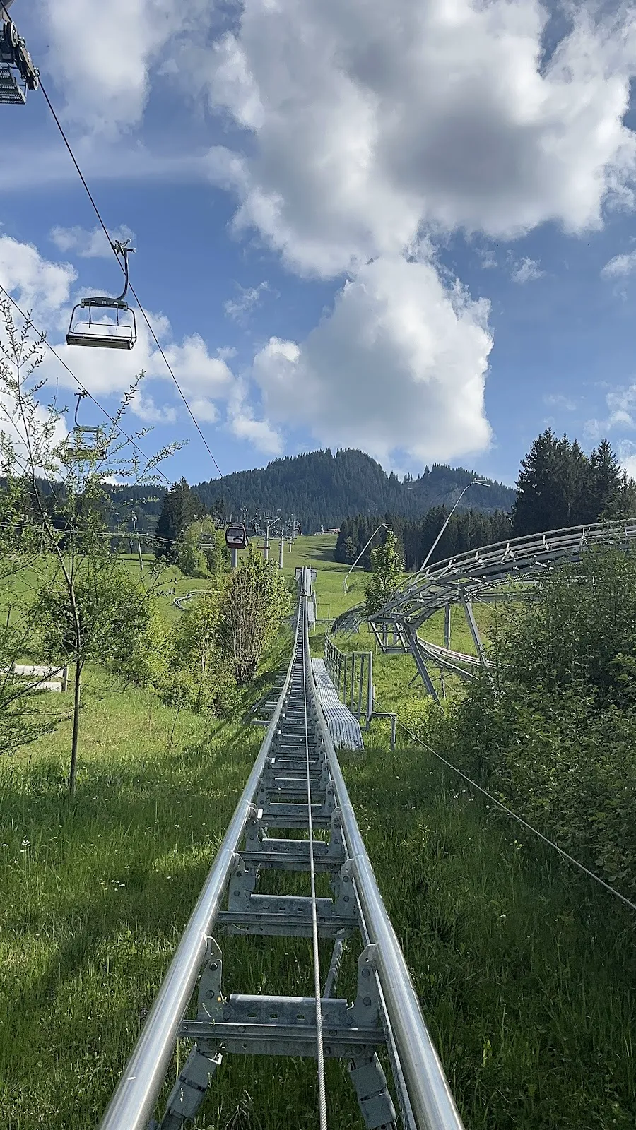 View down the Wally Blitz alpine coaster track showing steep gradient through alpine meadow